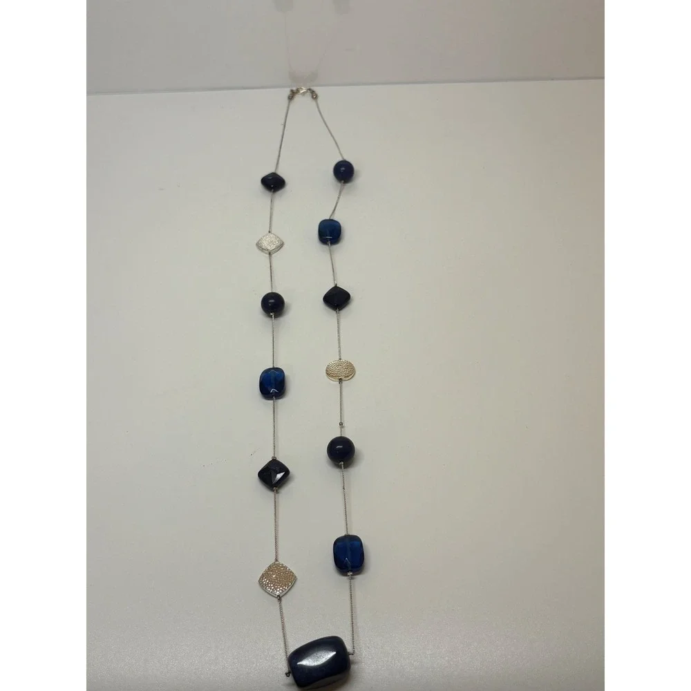 Navy Blue Geometric Station Necklace Hammered Silver Tone Long Chain